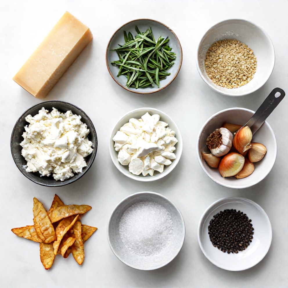Raw ingredients for cottage cheese chips arranged on a white marble surface