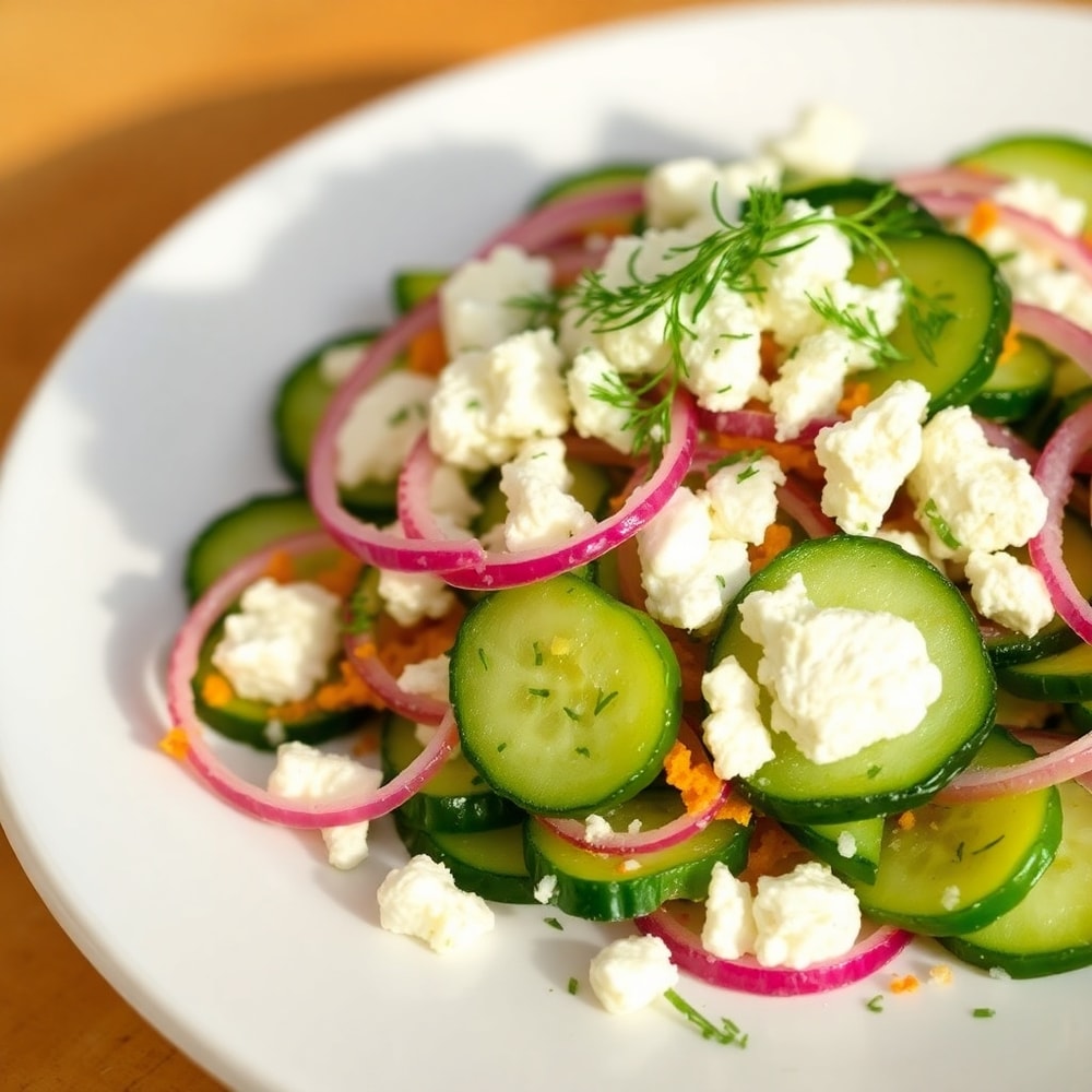 Plated Crispy Cucumber Feta Salad with fresh dill