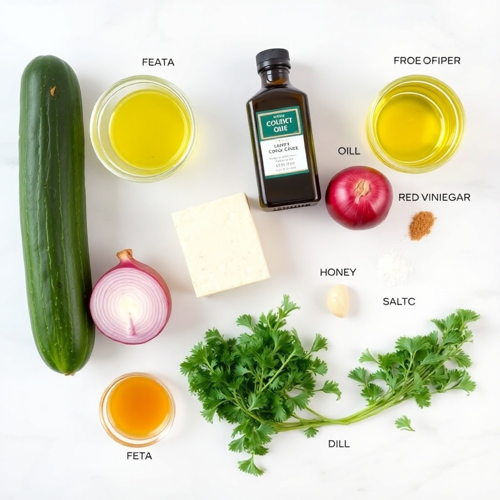 Cucumber, feta cheese, red onion, fresh dill, and other ingredients for Cucumber Feta Salad