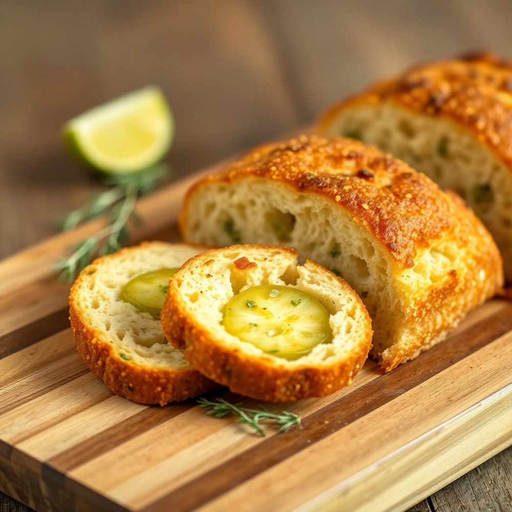 Crispy Dill Pickle Bread sliced and served on a plate