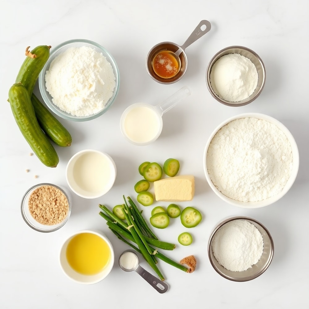 Dill pickle slices, flour, yeast, and other ingredients for Dill Pickle Bread