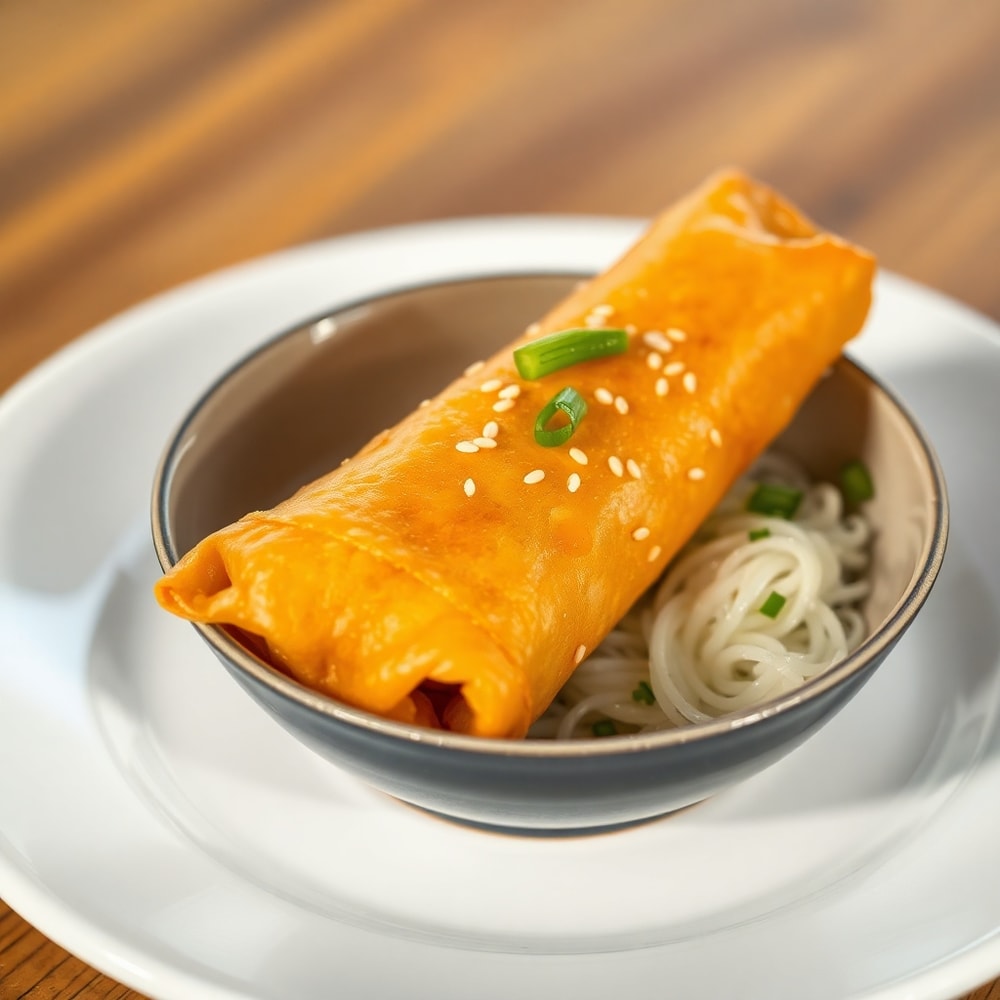 Egg Roll in a Bowl plated with sesame seeds and green onions