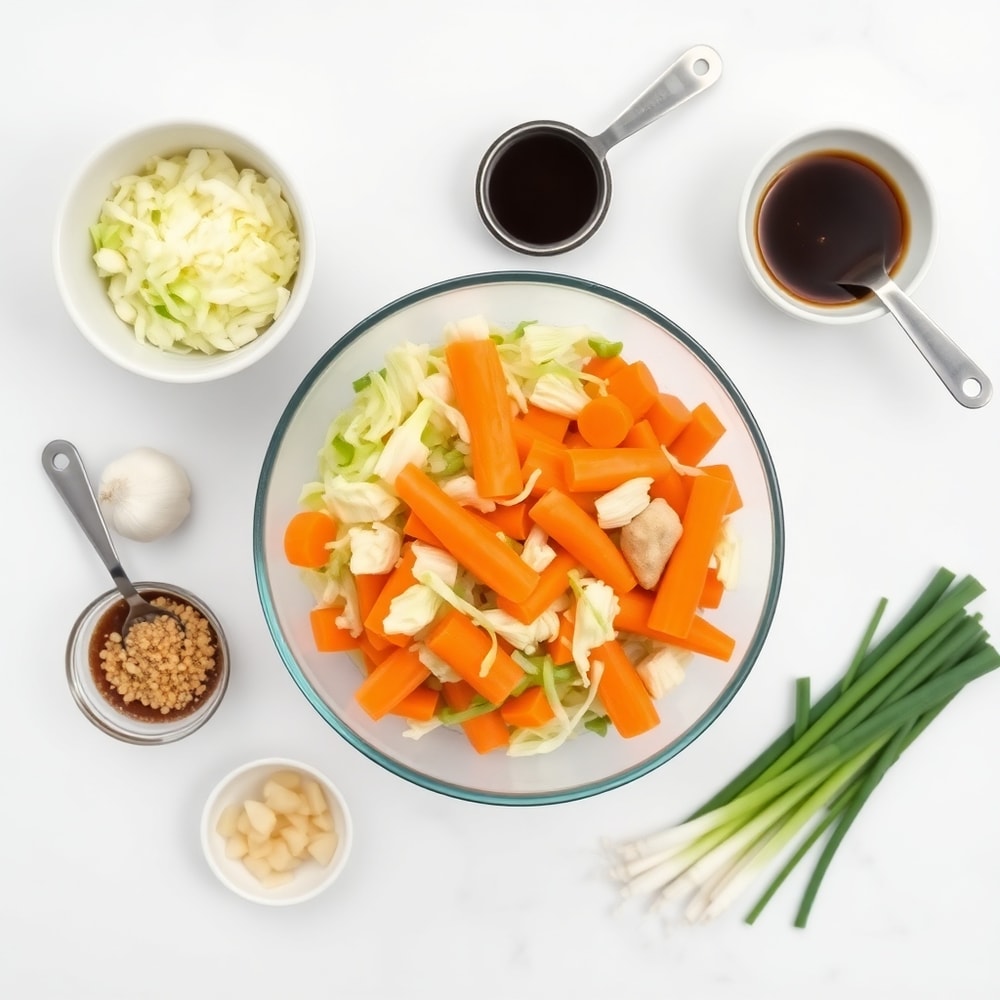 Egg Roll in a Bowl ingredients - cabbage, carrots, garlic, ginger, soy sauce, green onions