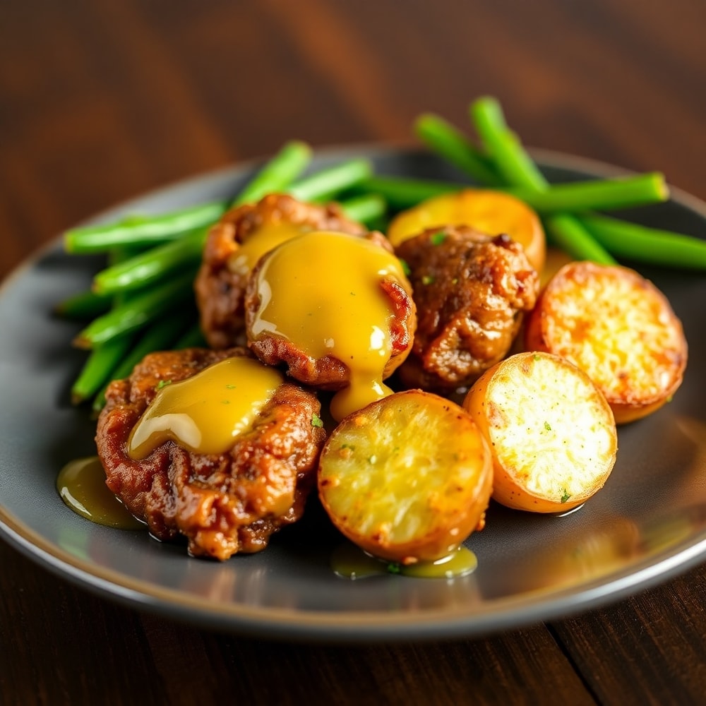 Plated Garlic Butter Steak Bites and Potatoes with a side of green beans