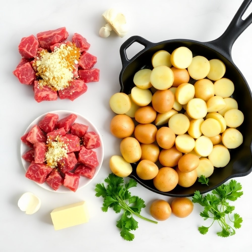 Raw ingredients for Garlic Butter Steak Bites and Potatoes arranged on a marble surface