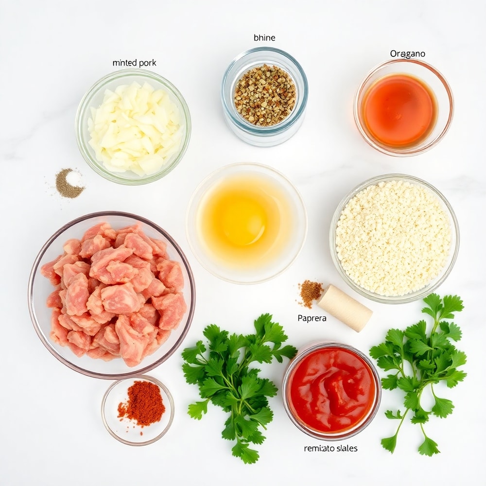 Raw ingredients for Crispy Garlic Pork Bites on a white marble surface