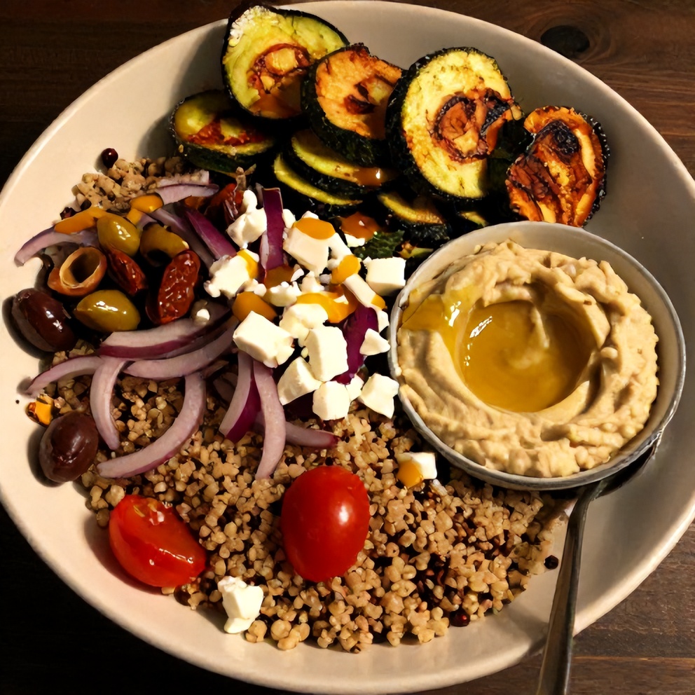 Plated Greek Goddess Grain Bowl with Zucchini