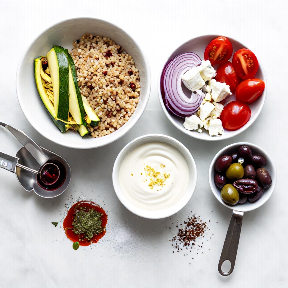 Raw ingredients for Greek Goddess Grain Bowl with Zucchini