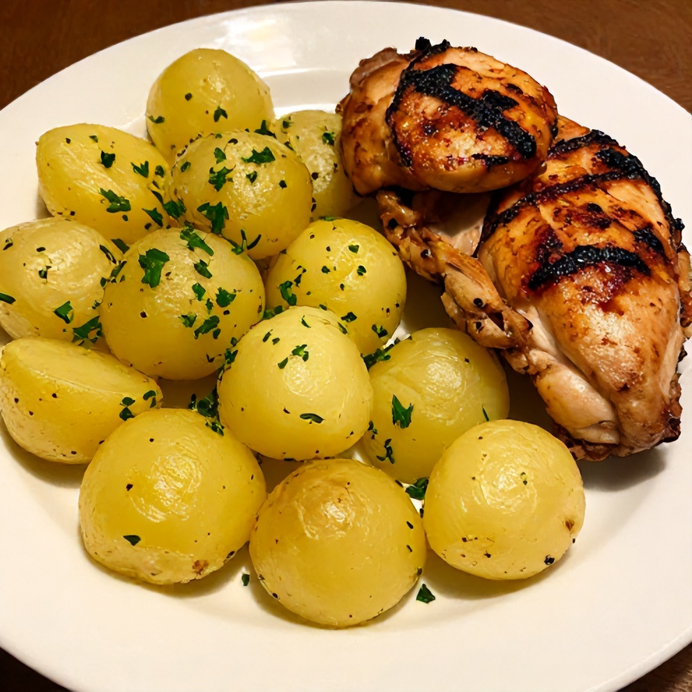 Plated serving of Greek lemon potatoes