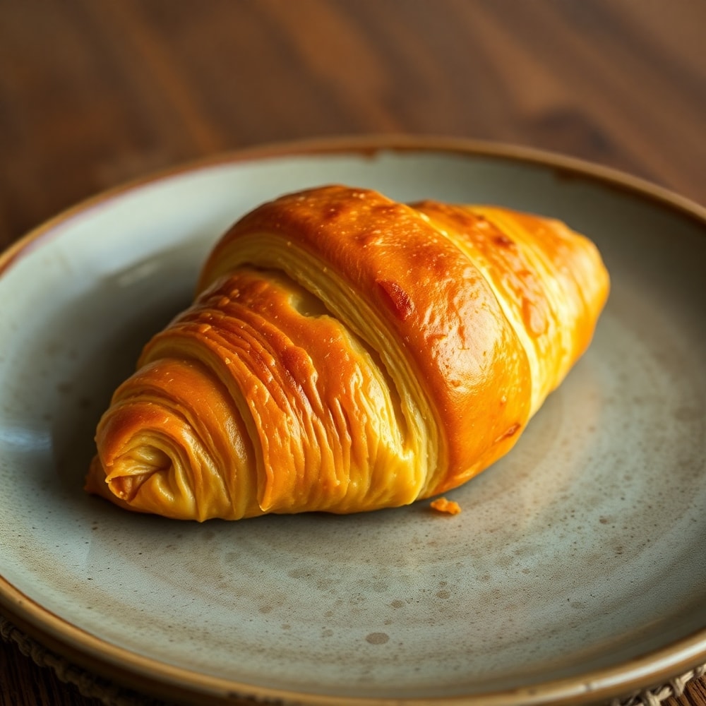 Plated ham and cheese croissant on a rustic plate