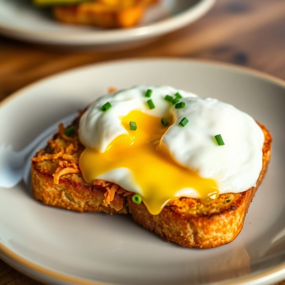Plated hash brown avocado toast with a poached egg