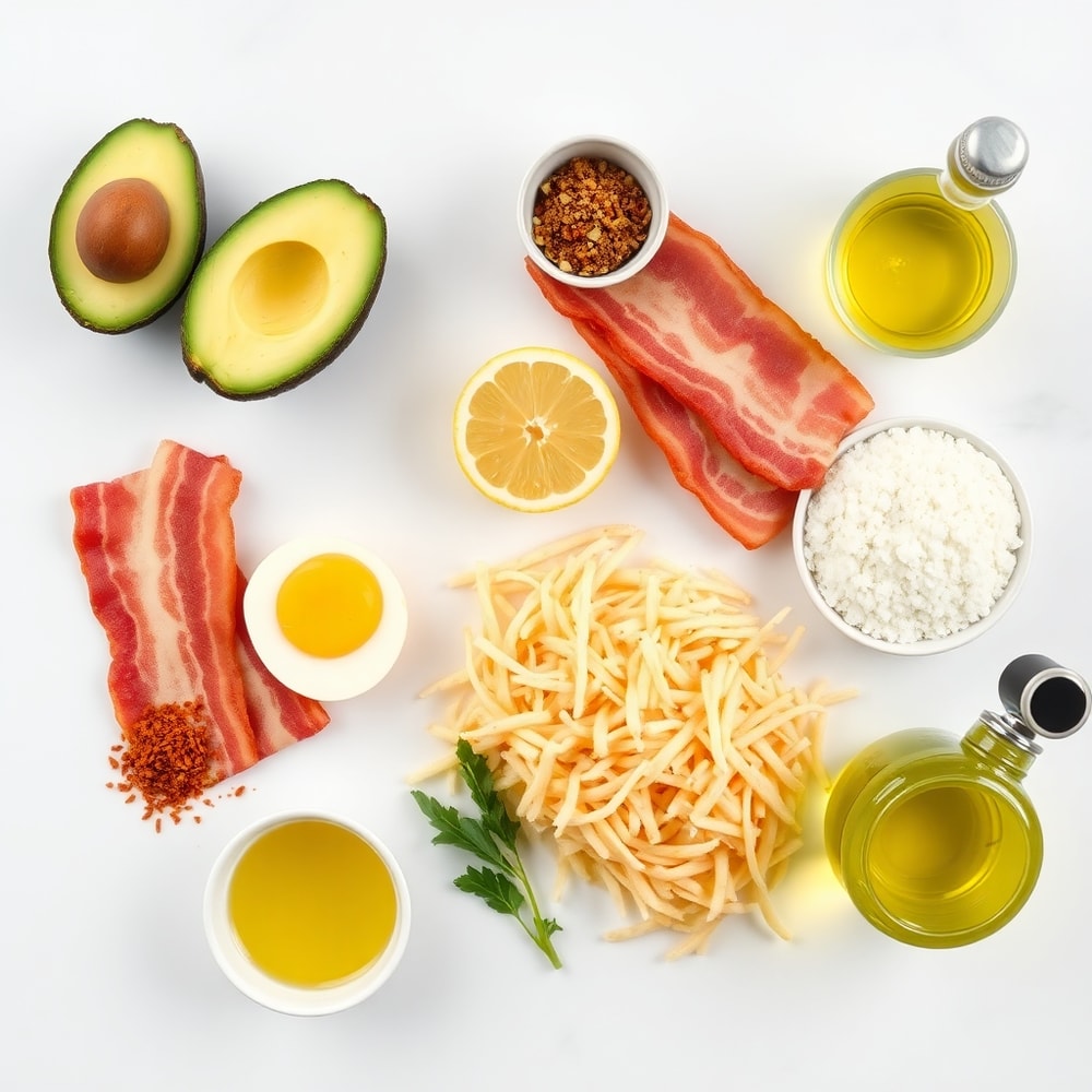 Avocado, bacon, eggs, hash browns, and seasonings on a white marble surface