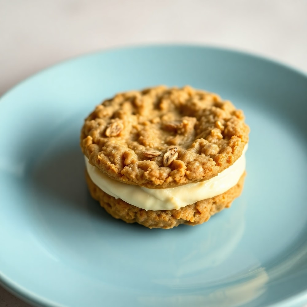 A single homemade oatmeal cream pie on a light blue plate