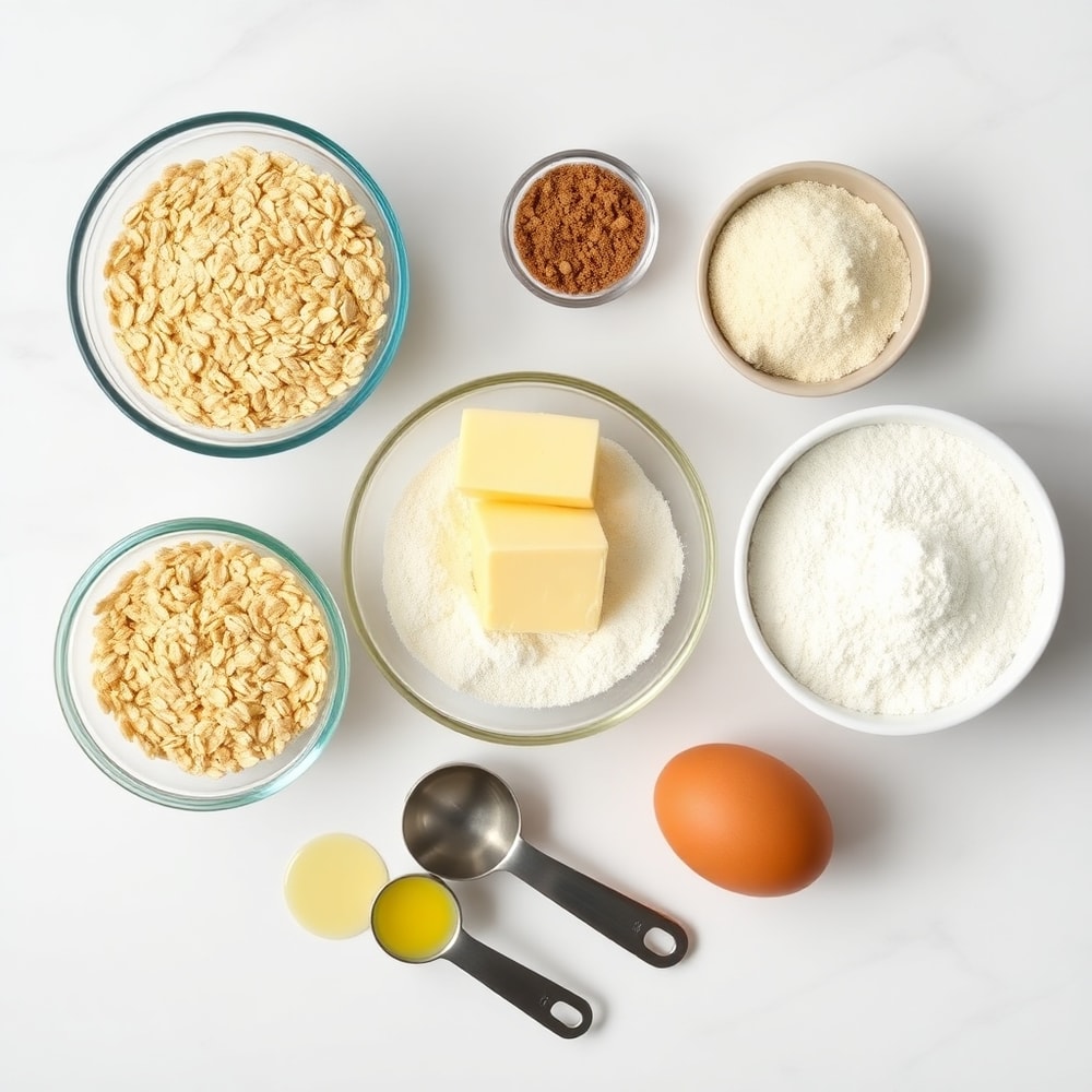 Raw ingredients for homemade oatmeal cream pies on a white marble surface