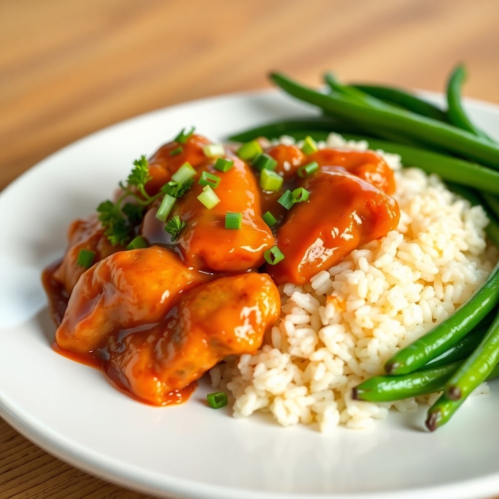 Plated Honey BBQ Chicken and Rice with a side of green beans