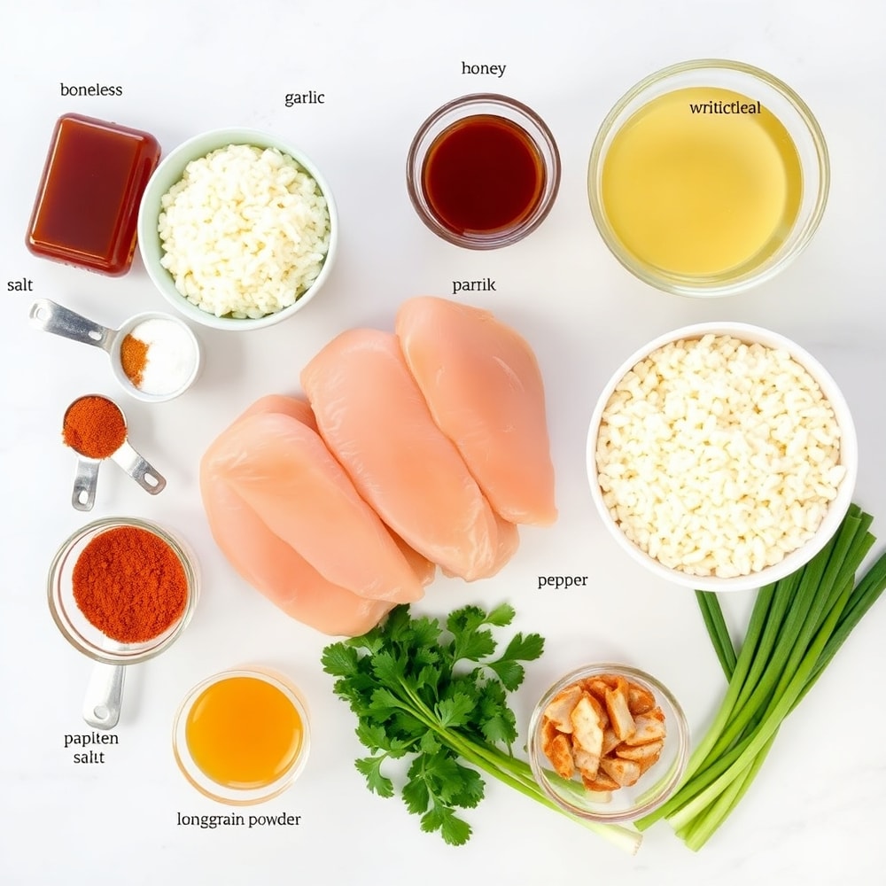 Honey BBQ Chicken and Rice ingredients on a marble counter