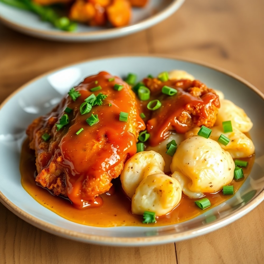 Plated Honey BBQ Chicken with Creamy Garlic Parmesan Potatoes