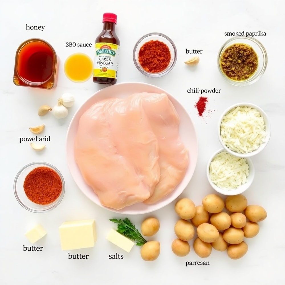 Raw ingredients for Honey BBQ Chicken and Creamy Garlic Parmesan Potatoes