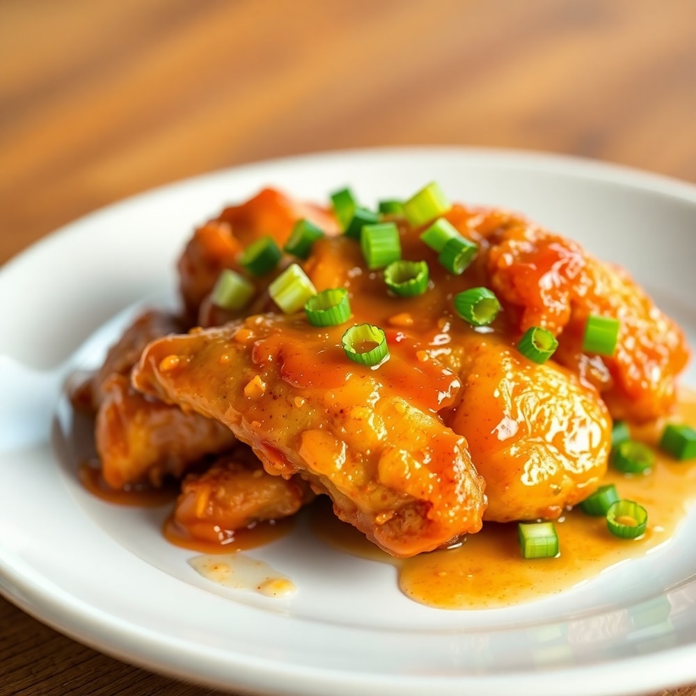 Plated Crispy Honey Garlic Chicken with green onions