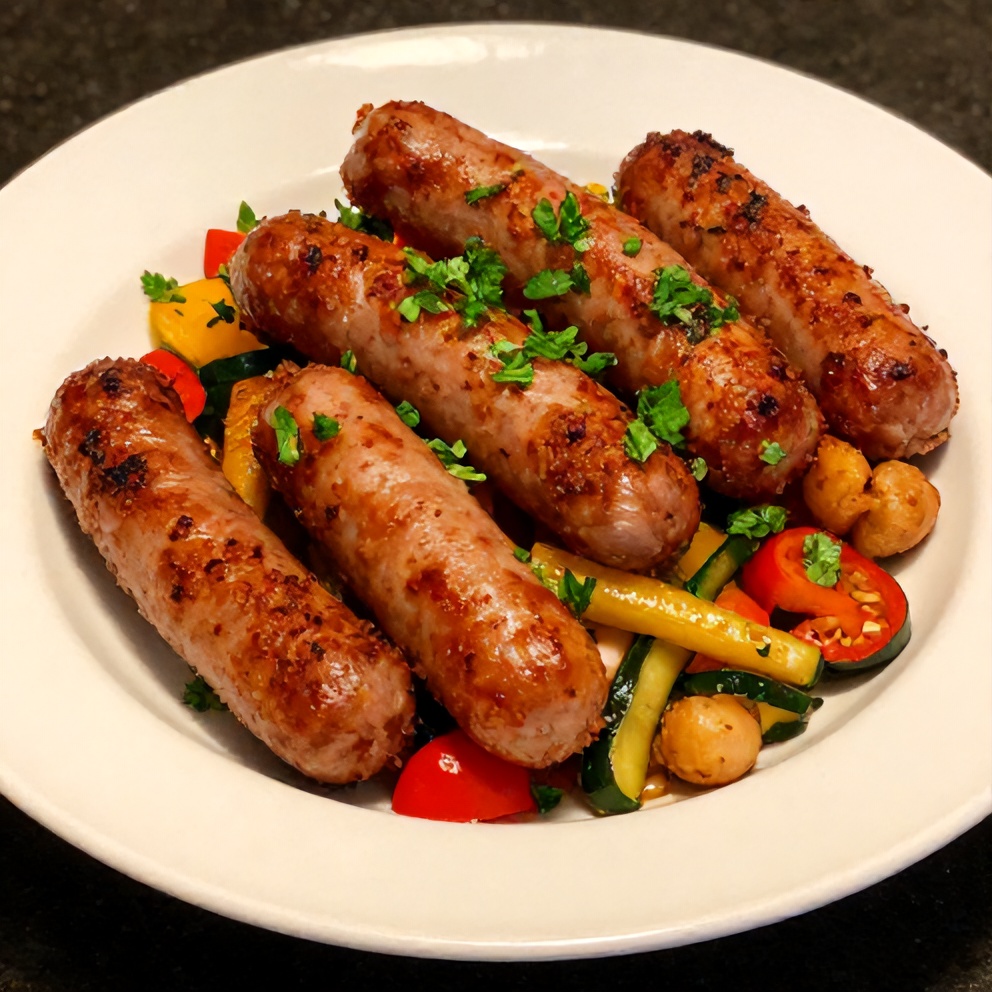 Plated honey garlic kielbasa and veggies dinner with garnish