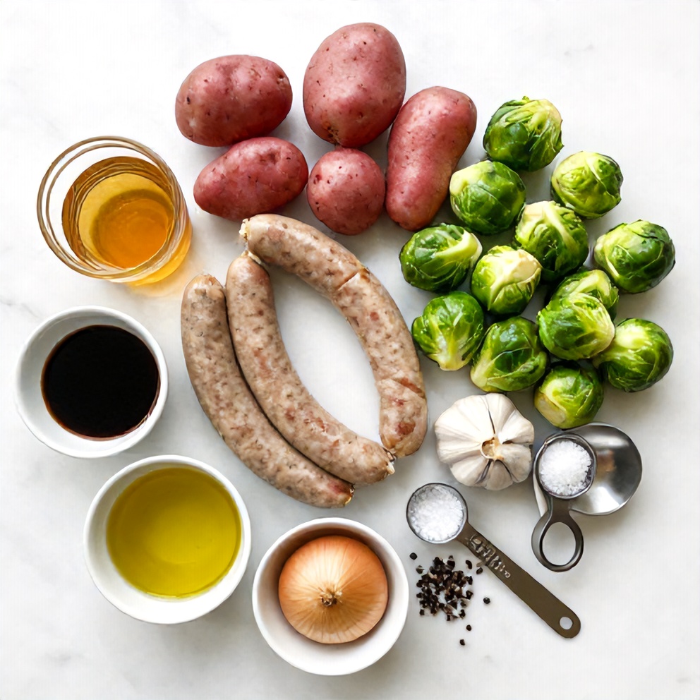 Raw ingredients for honey garlic kielbasa and veggies dinner