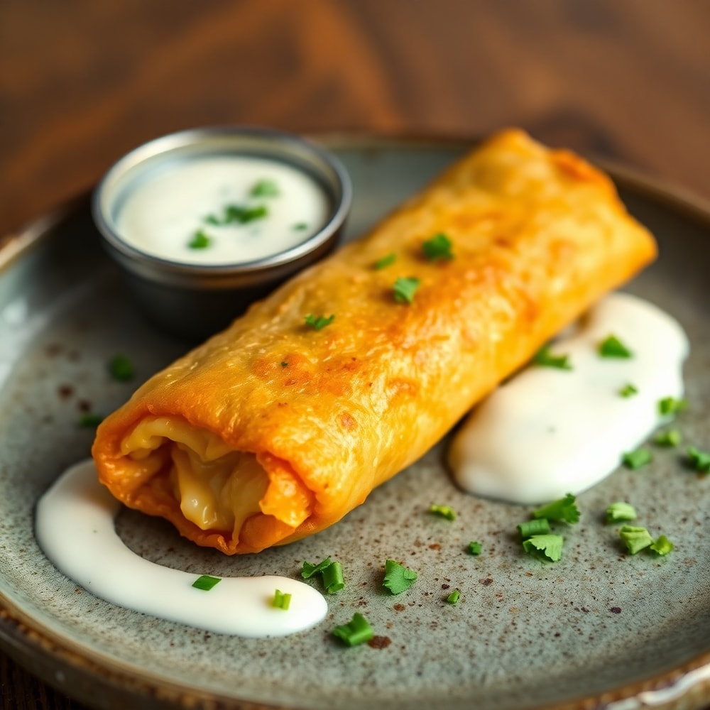 Plated Jalapeno Popper Egg Rolls with ranch dressing