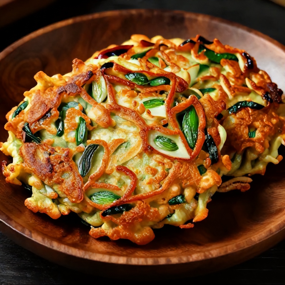 Crispy Korean Pancakes with Green Onions and Veggies plated