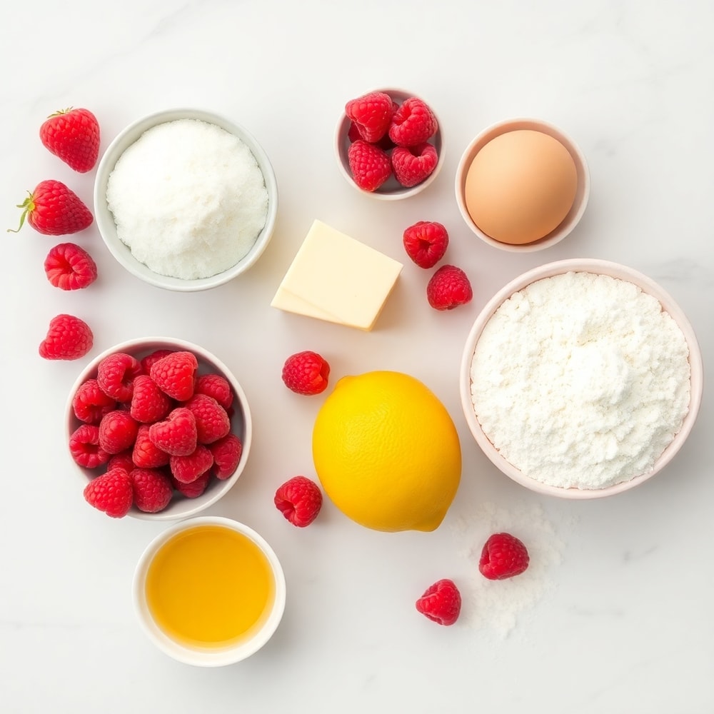 Lemon Raspberry Bars ingredients on a marble counter