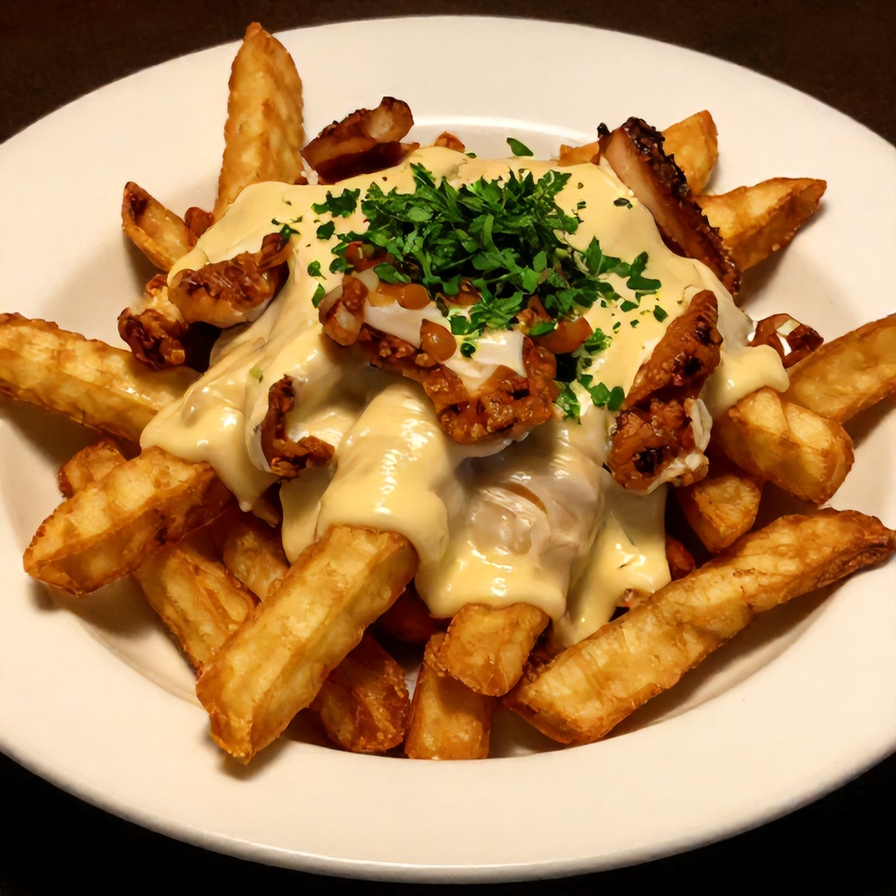 Plated serving of loaded chicken and bacon fries with fresh parsley