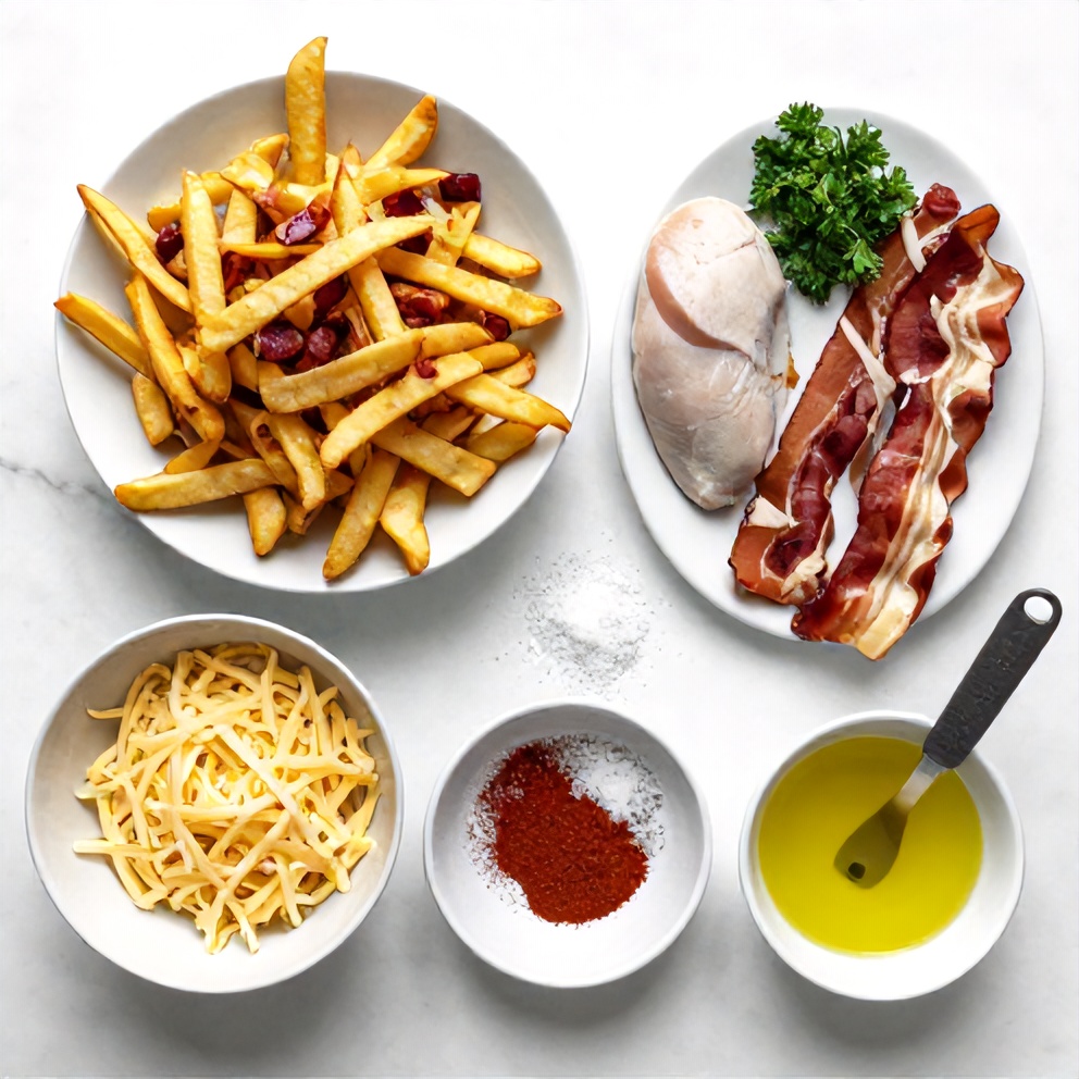 Raw ingredients for loaded chicken and bacon fries on a white marble surface