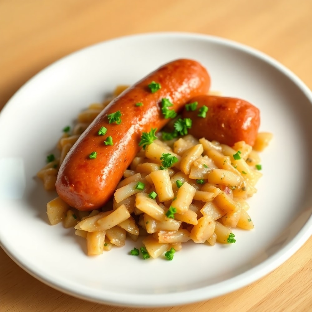 Plated Polish Sausage and Onion Hash with chopped parsley