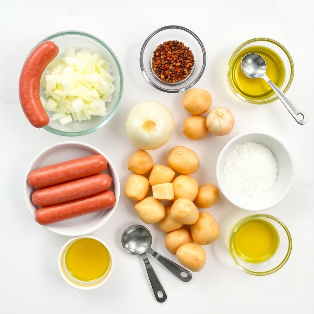 Raw ingredients for Polish Sausage and Onion Hash on a wooden surface