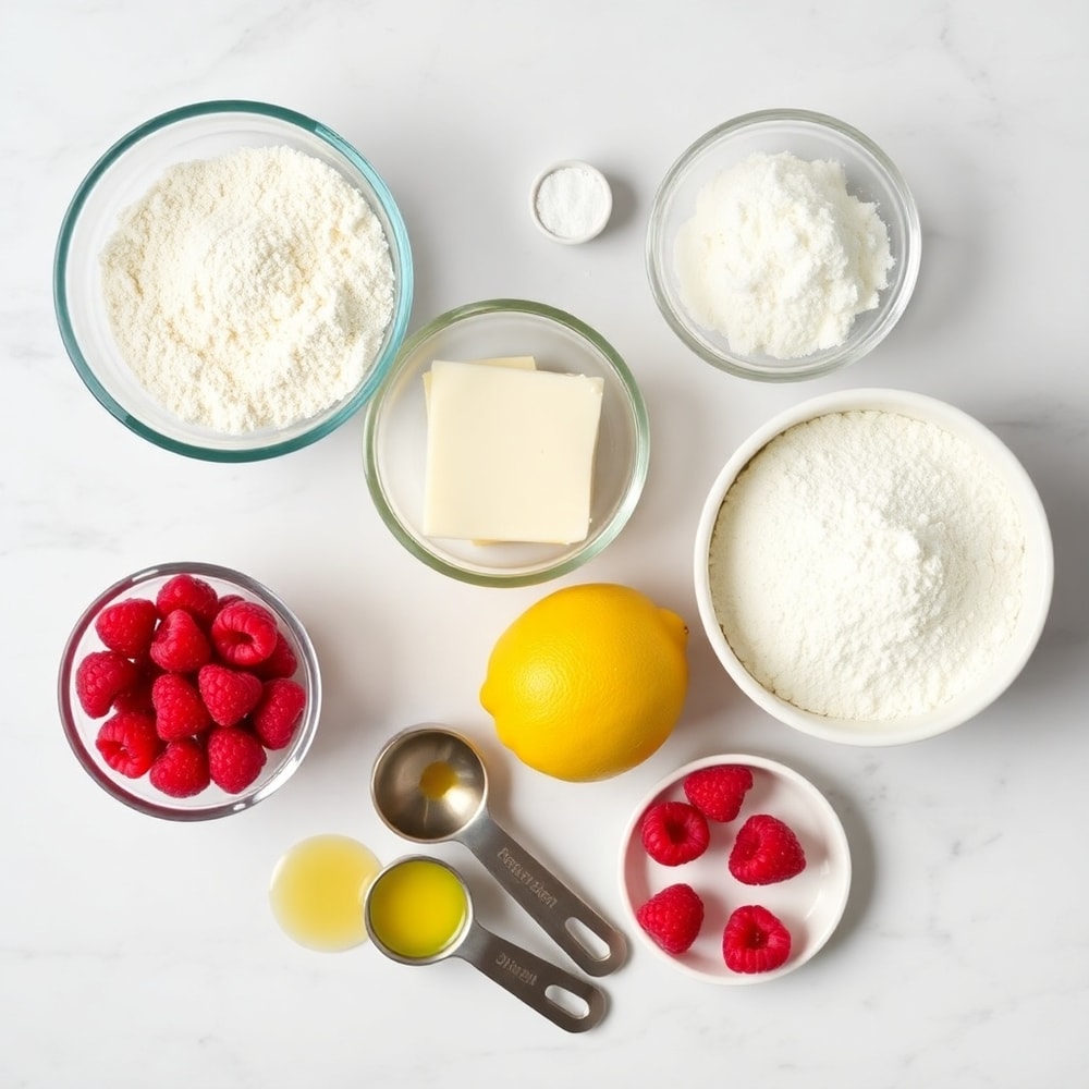 Raw ingredients for Raspberry Lemon Cookies on a marble surface