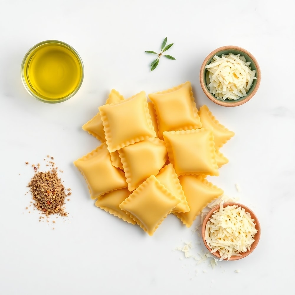 Raw ingredients for Crispy Ravioli Appetizer on a white marble surface