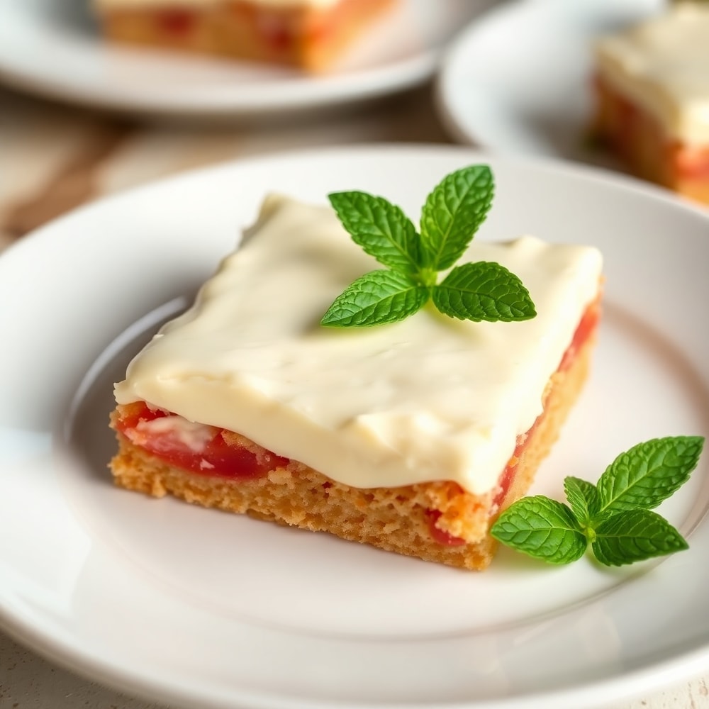 Plated Rhubarb Bars with Cream Cheese Frosting