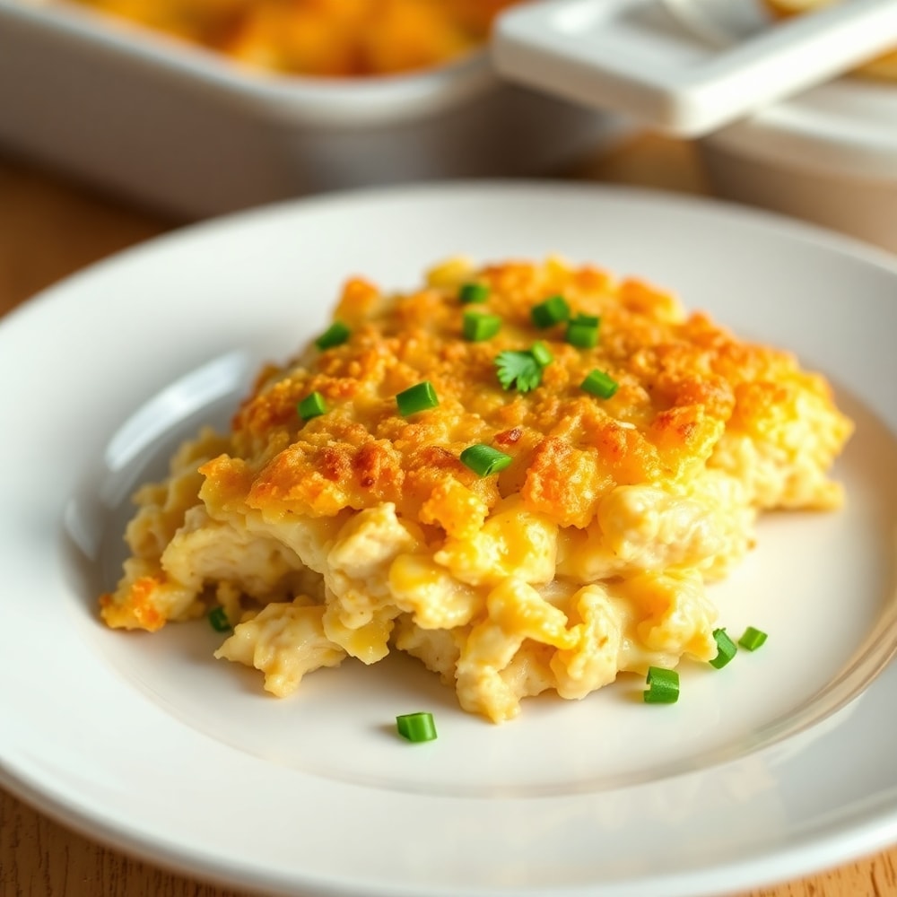 Plated serving of Ritz Cracker Chicken Casserole with a side of steamed broccoli