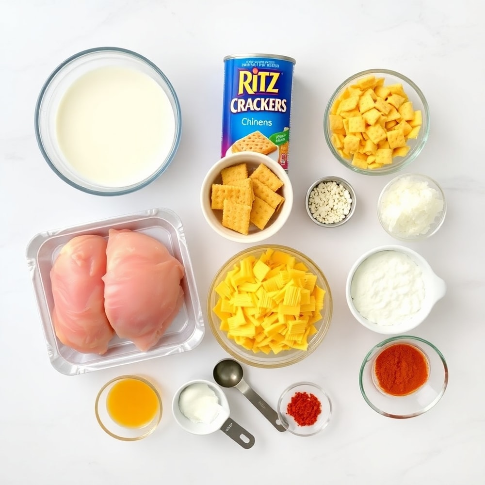 Raw ingredients for Ritz Cracker Chicken Casserole arranged in a flat lay