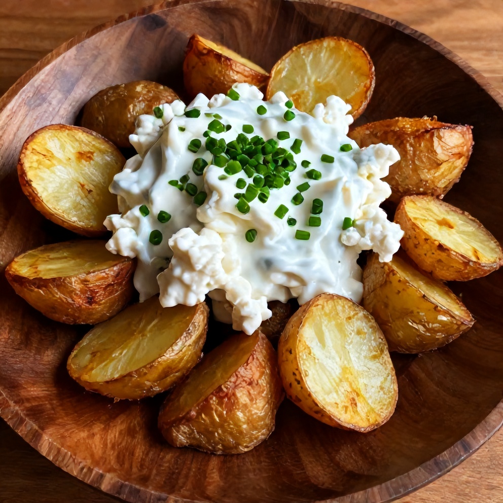 Plated crispy roasted potatoes with goat cheese dressing