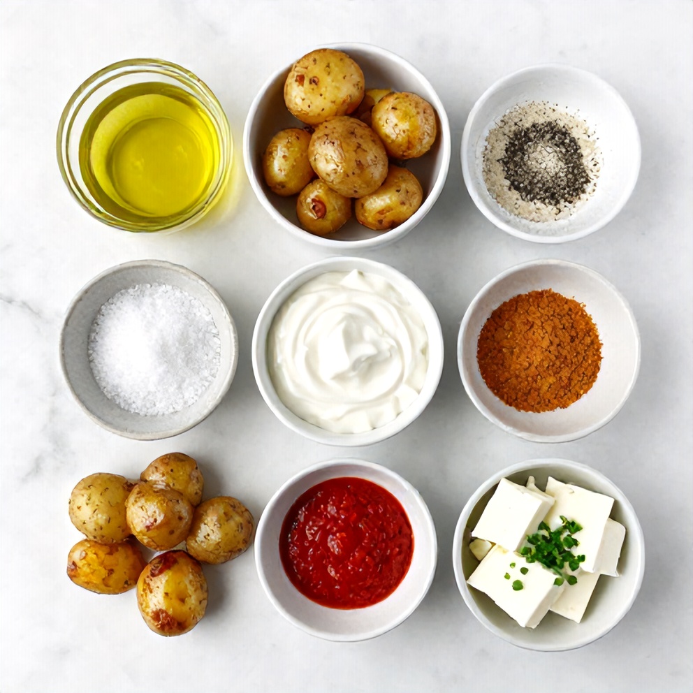 Raw ingredients for crispy roasted potatoes with goat cheese dressing