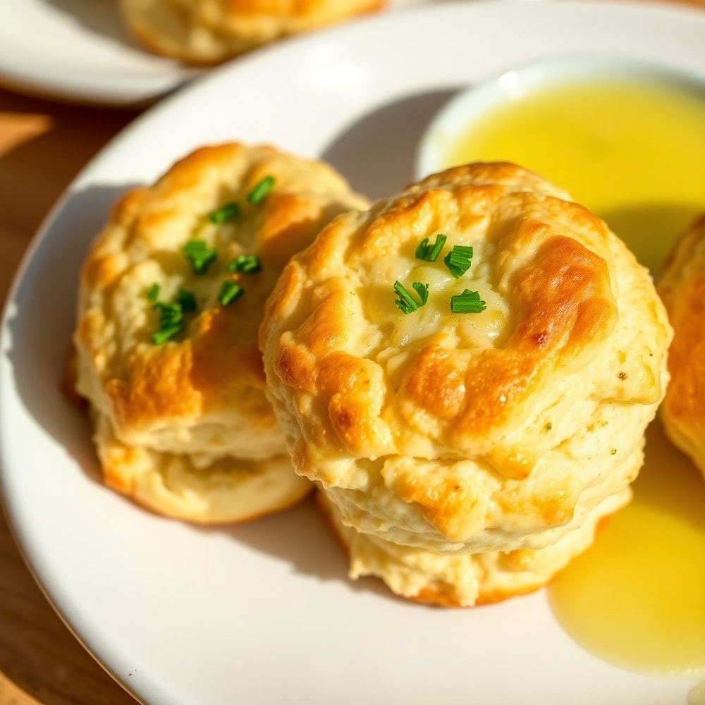 Plated sour cream and onion biscuits with a side of butter