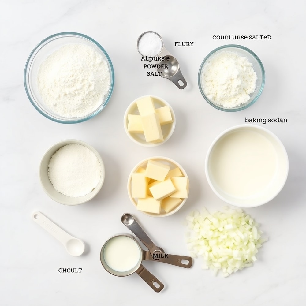 Raw ingredients for sour cream and onion biscuits on a marble surface
