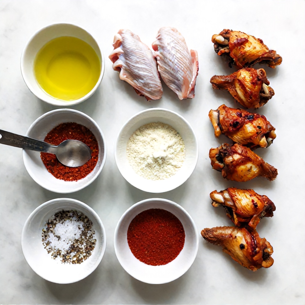 Raw ingredients for Crispy Spicy Baked Chicken Wings on a white marble counter