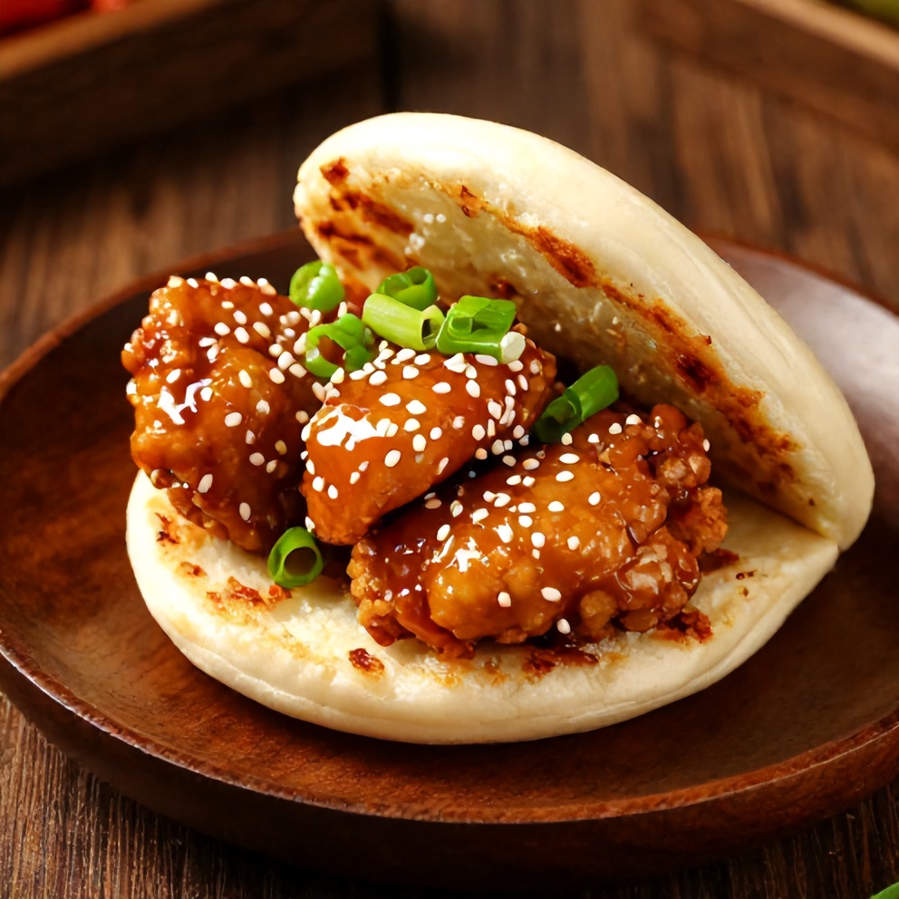 Crispy Sticky Chicken Bao Buns plated with green onions
