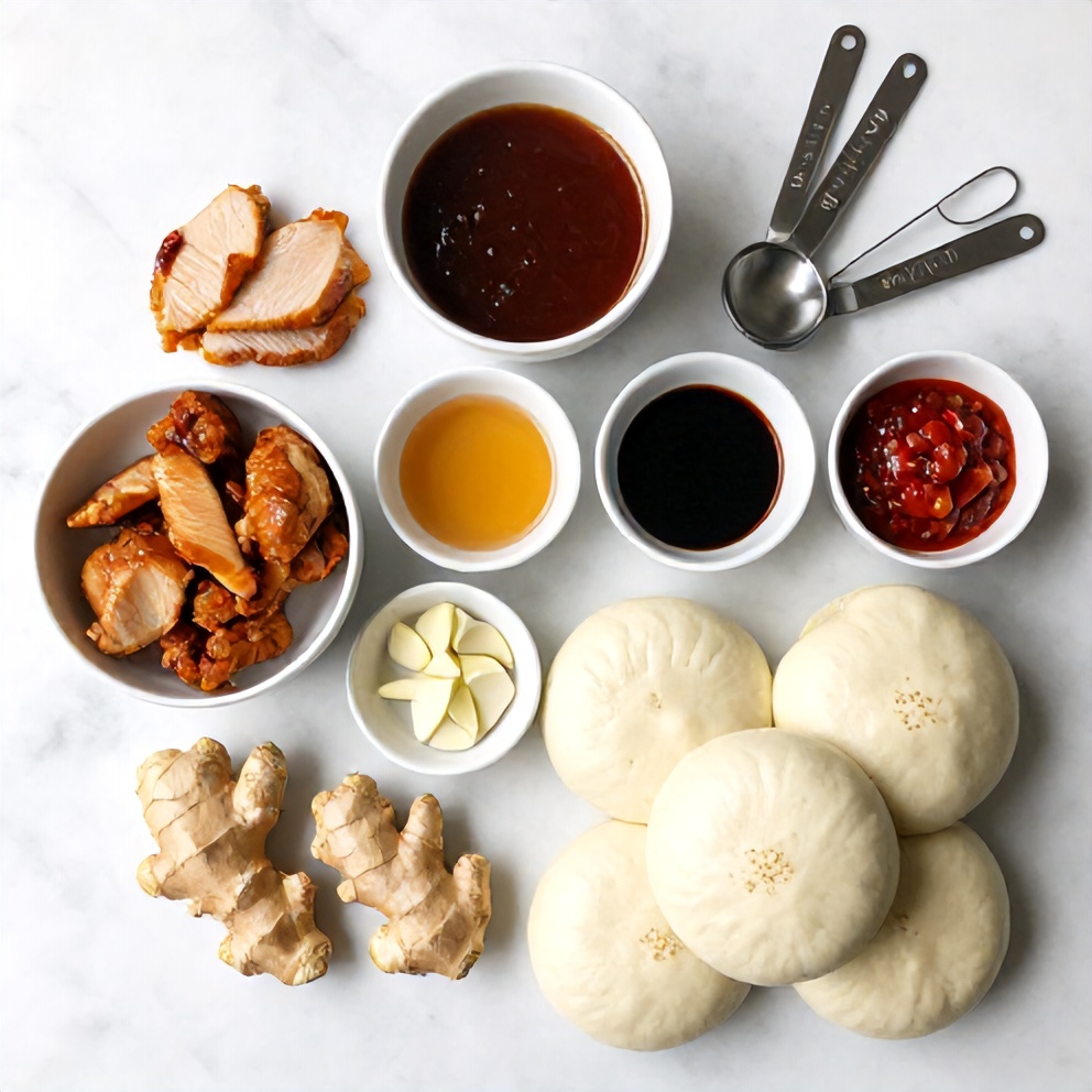 Raw ingredients for Crispy Sticky Chicken Bao Buns on a marble surface