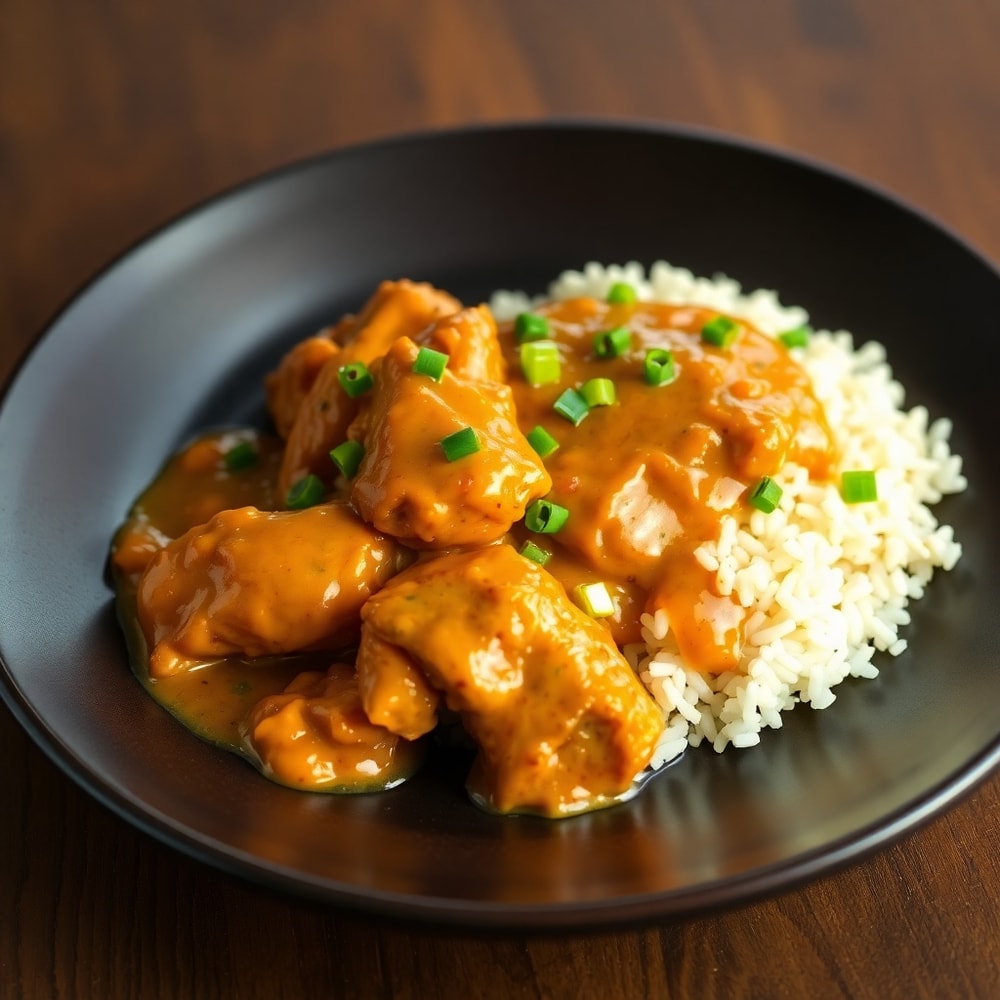 Plated serving of Crockpot Cajun Butter Chicken with rice and green onions