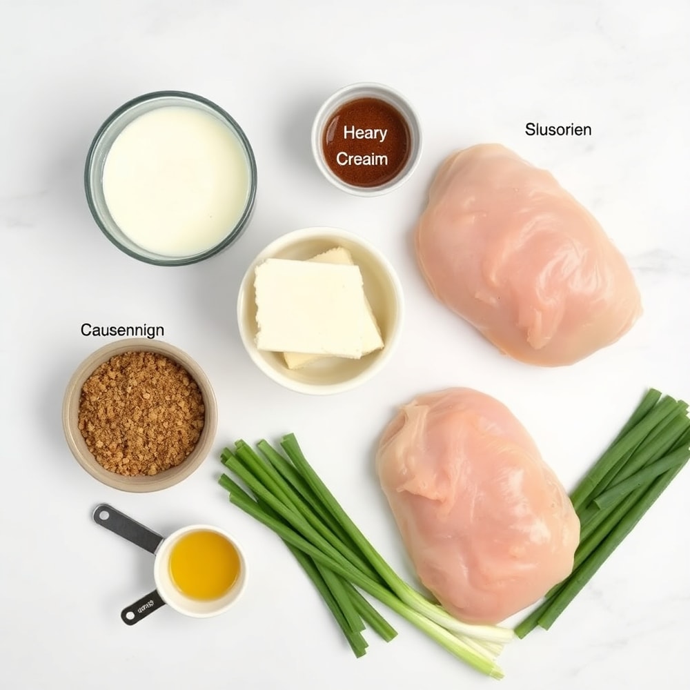 Raw ingredients for Crockpot Cajun Butter Chicken arranged in a flat lay