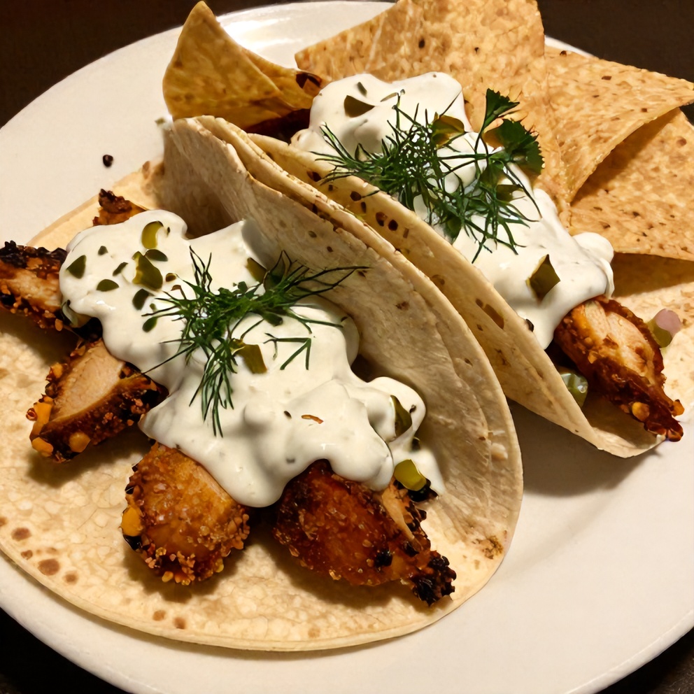 Plated Dill Pickle Ranch Chicken Tacos with a side of tortilla chips