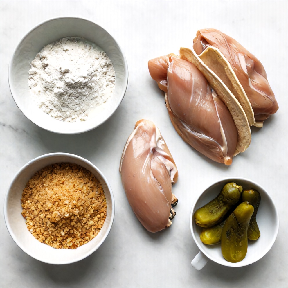 Raw ingredients for Dill Pickle Ranch Chicken Tacos on a marble surface