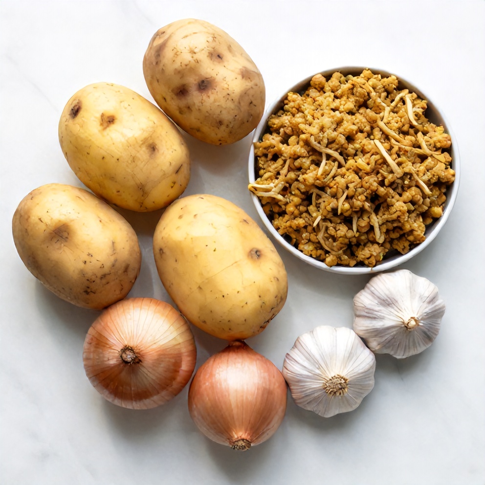 Raw ingredients for Aloo Keema: ground meat, potatoes, onions, garlic, and spices