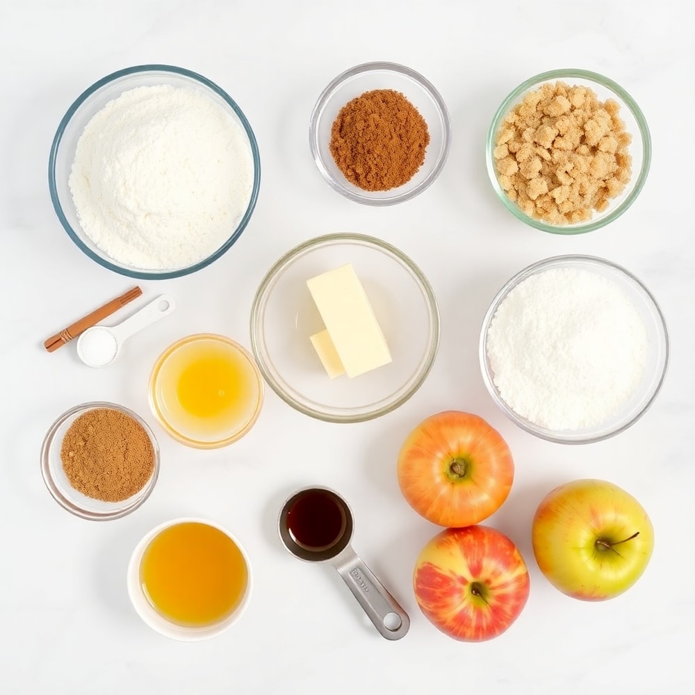 Raw ingredients for apple pie bars on a white marble surface